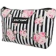 Betsey Johnson 8.5 Inch Zipper Cosmetic Pouch Small Toiletry Bag Lightweight Durable Polyester Organizer with Inner Zipped Pocket Good For Makeup Accessories and Travel Needs (Stripe Roses)