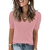 LOMON Womens Sweaters Puff Short Sleeve Lightweight Knit Summer Fall Tops Dressy V-Neck Work Blouses Business Casual Outfits