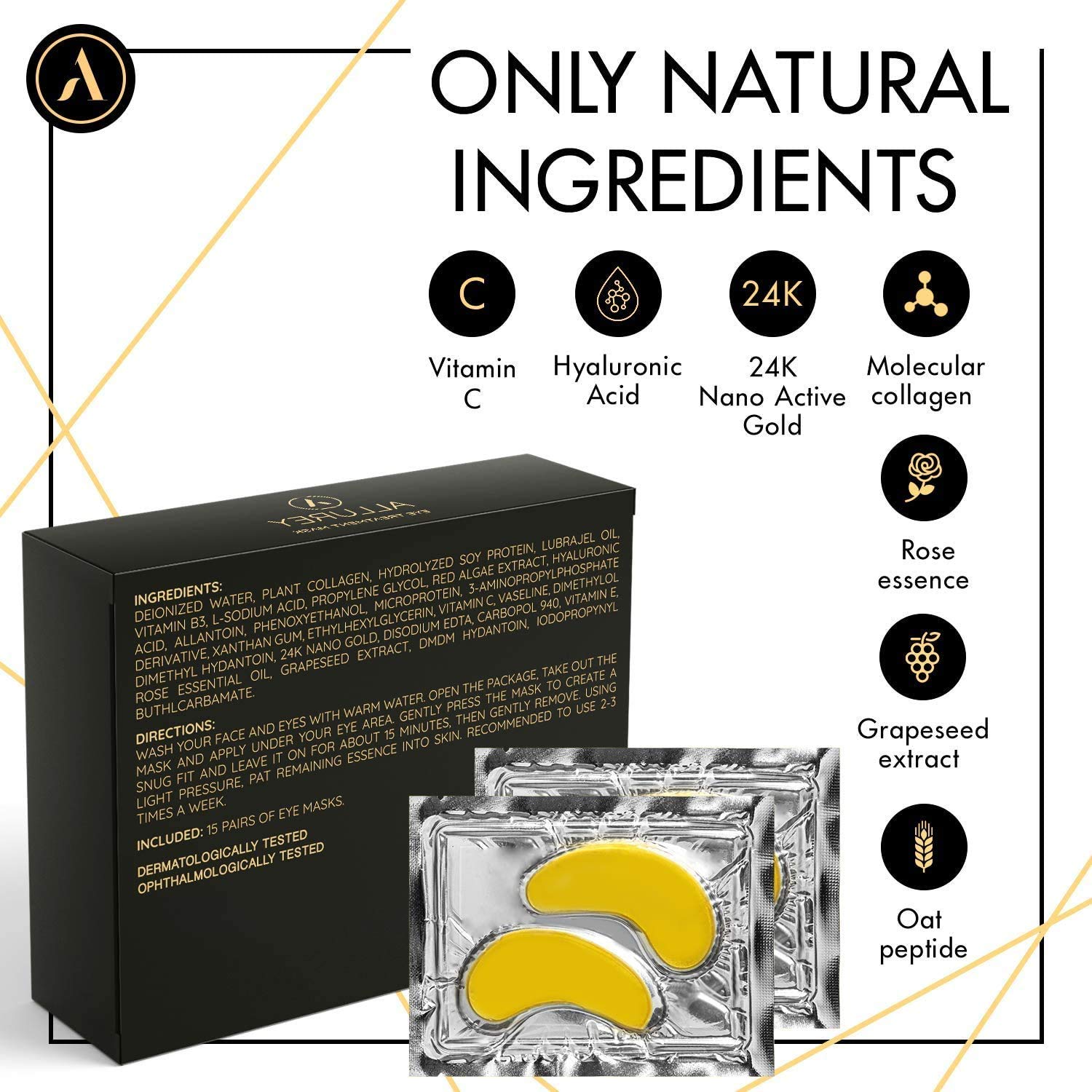 ALLUREY 24K Gold Collagen Eye Mask, Best Eye Treatment, Anti-aging and Anti-wrinkle Effect, Moisturizes, Reduces Puffiness and Dark Circles, Under Eye Patches (15 Pairs) : Beauty