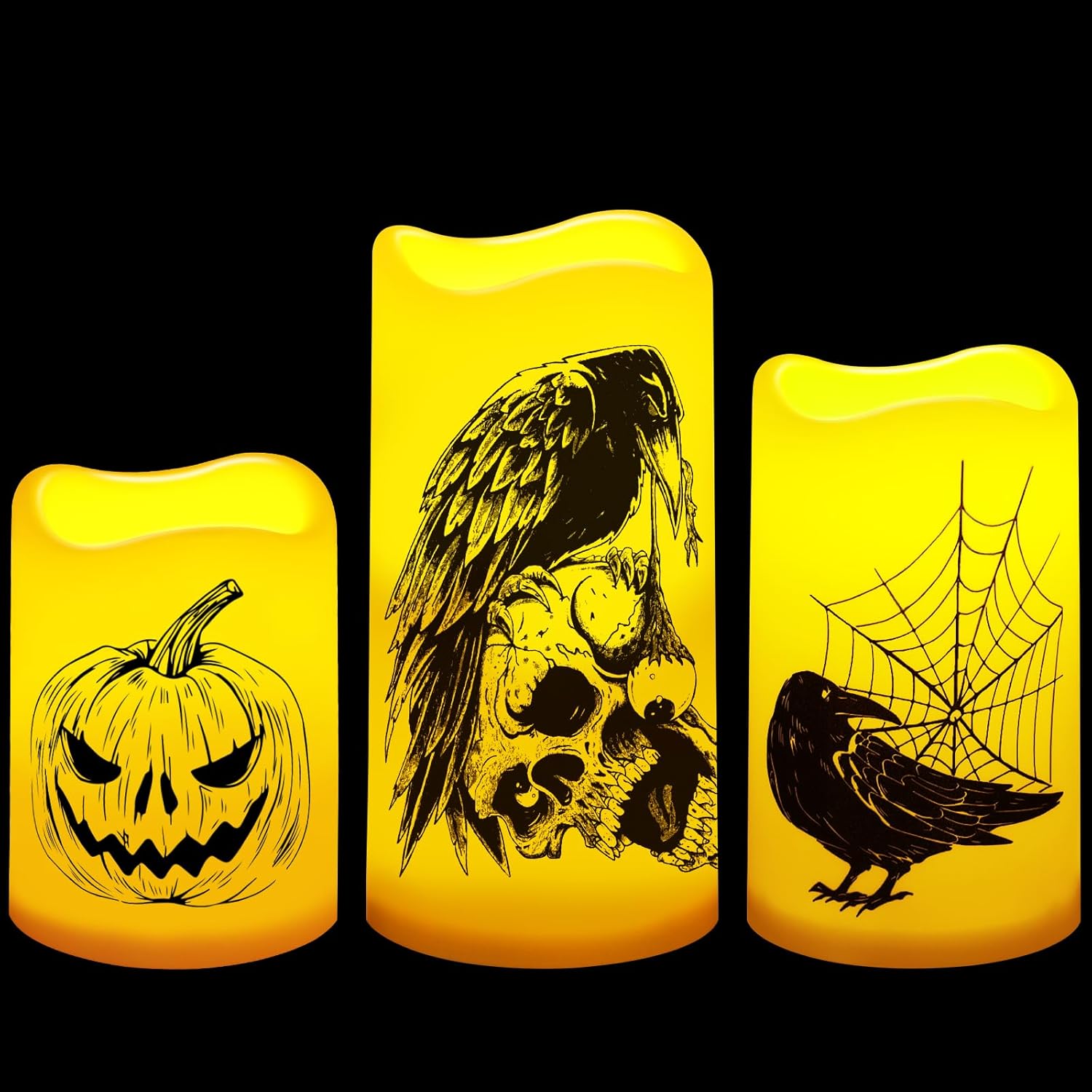 Lighting - DeckTheHalls Halloween Flameless Candles, Battery Operated Candles with 6 Hour Timer, LED Tealight Candles with Pumpkin Head, Skull, Crow, Spider Web Decals for Halloween Decor, Party(Set of 3, White)