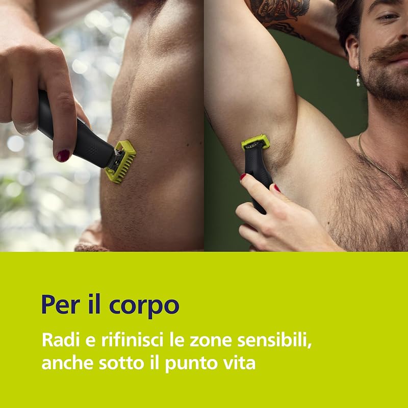 OneBlade Pro 360 Autentico Regolabarba elettrico per viso e corpo, rasoio e depilatore, 2x 360 lame, pettine a 14 lunghezze, kit per il corpo, base di ricarica, custodia da viaggio, QP6652/30