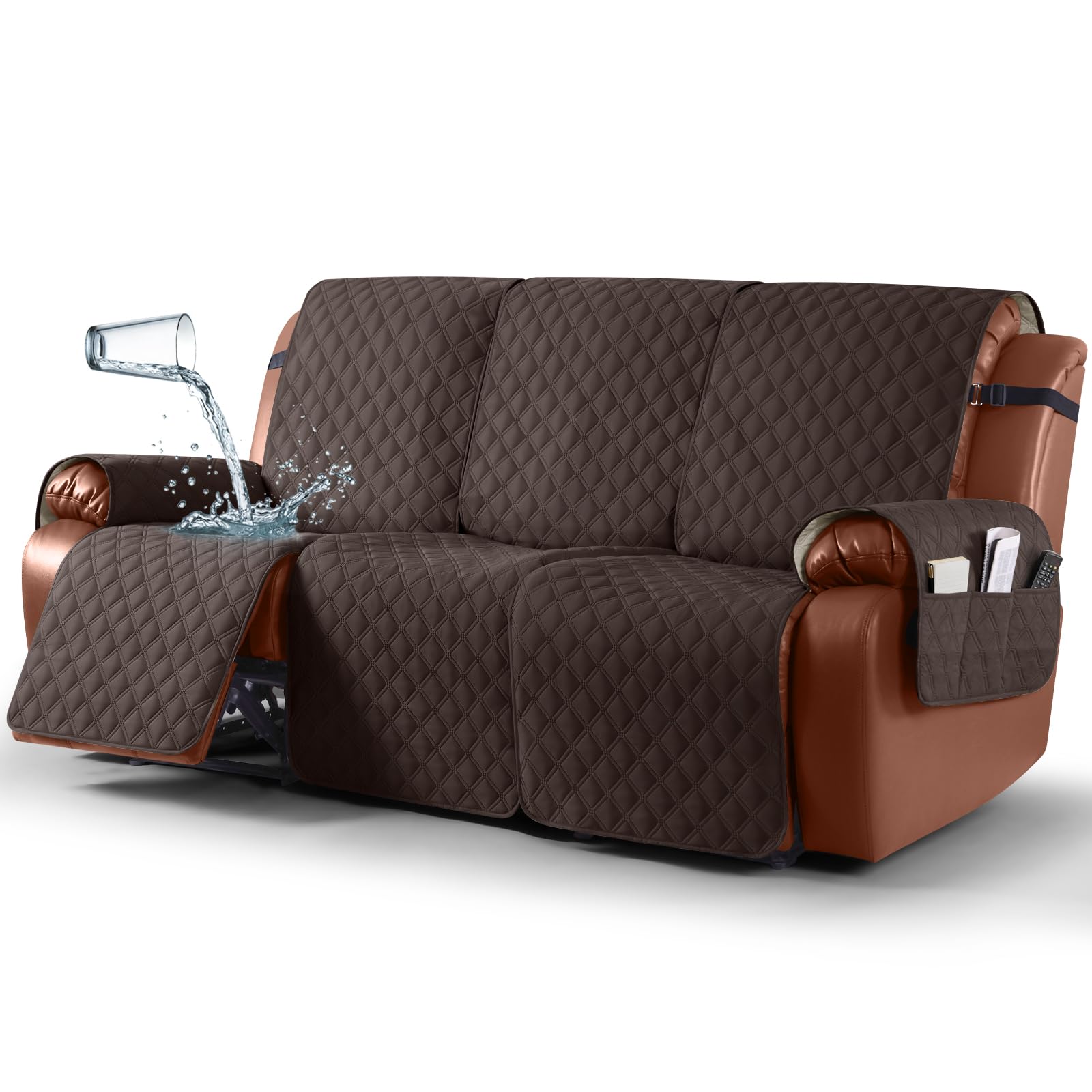 Photo 1 of Ruaozz Waterproof Recliner Sofa Covers, Couch Covers for Reclining Couches 1-Piece Reclining Couch Cover Washable Furniture Protector with Elastic Straps Pocket for Kids Pets (Chocolate, 3 Seater)