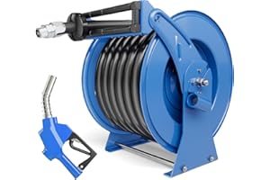 BREARO Fuel Hose Reel Retractable 1” x 50' Premium Commercial Explosion-Proof 300 PSI Industrial Heavy Duty Spring Rewind Diesel Hose Reel with Refueling Nozzle for Aircraft Ship Vehicle Tank Truck, Blue