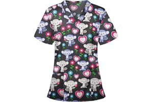 OIOLOYJM Scrubs for Women Animal Print Tops for Women V Neck Cartoon Pattern Short Sleeve Nursing Tops with Pockets