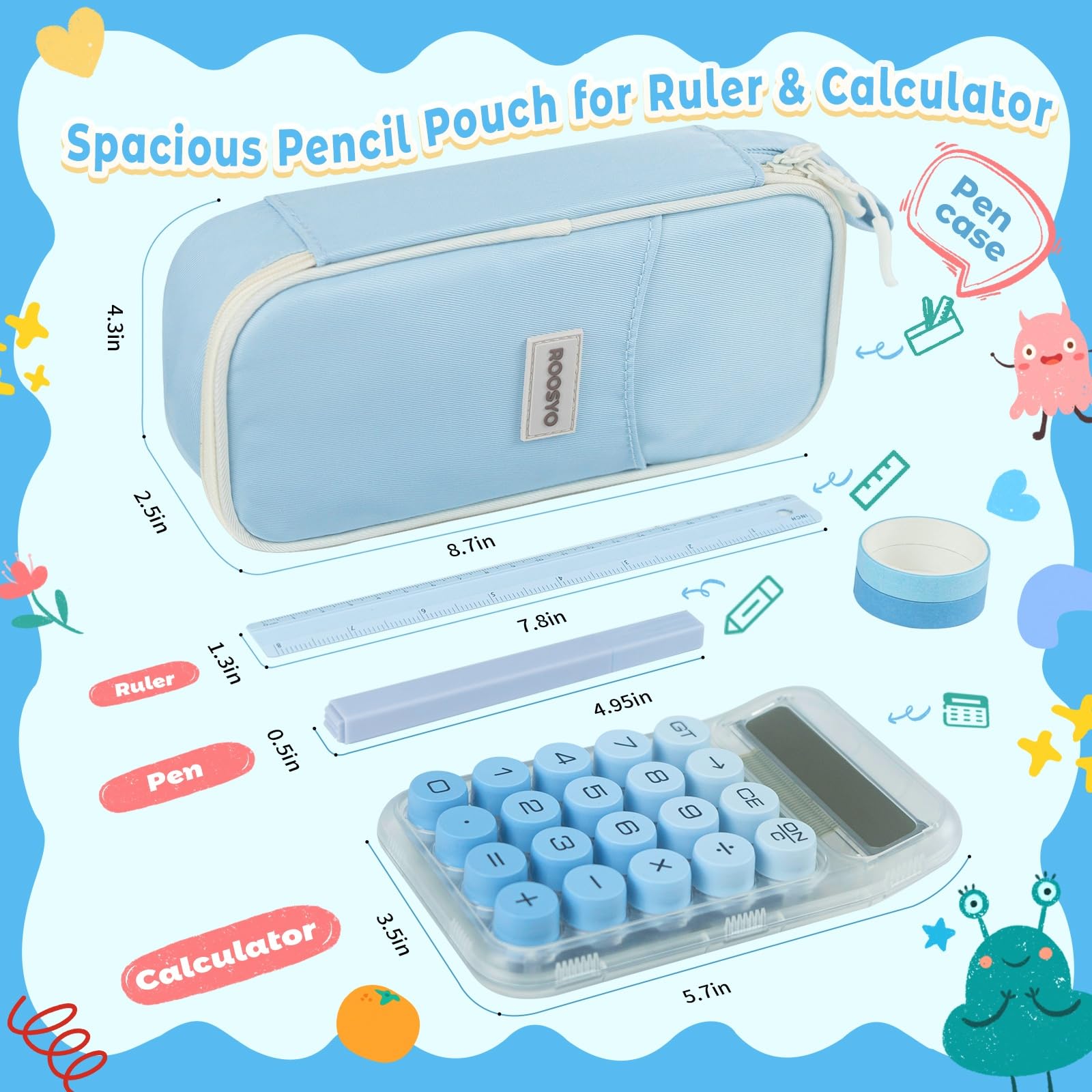 Aesthetic Pencil Case Pouch with Zipper – Large Capacity Organizer Bag for School Supplies, Pens, Pencils, Markers – Cute Small Storage Box for Kids, Girls, Teens & College, Blue