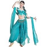 ELLYDOOR Arabian Jasmine Costume for Women Princess Dress Up Halloween Belly Dance Top Pants 4 Piece Outfit