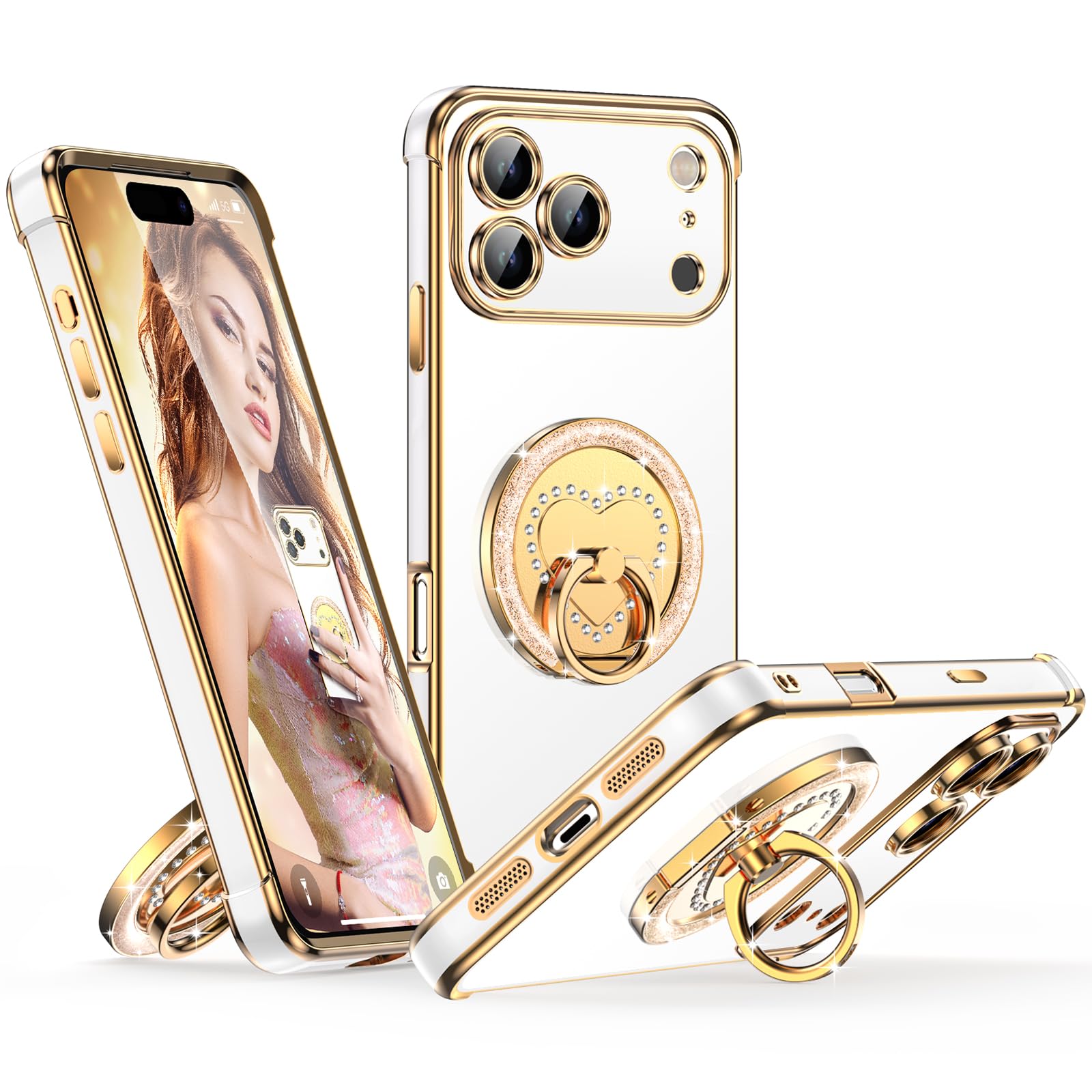 Silverback for iPhone 17 Pro Max Case with Stand, Rotatable Ring Holder & Makeup Mirror, Women Girls Glitter Sparkle Heart Design Protective Cover for iPhone 17 Pro Max 6.9 inch, White