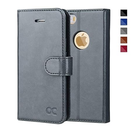 OCASE iPhone 5S Hülle, Handyhülle iPhone 5 Tasche Flip Case Cover Schutzhülle [Premium Leder] [Standfunktion] [Kartenfach] [Magnetverschluss] Leder Brieftasche für iPhone 5S SE 5 Geräte Grau