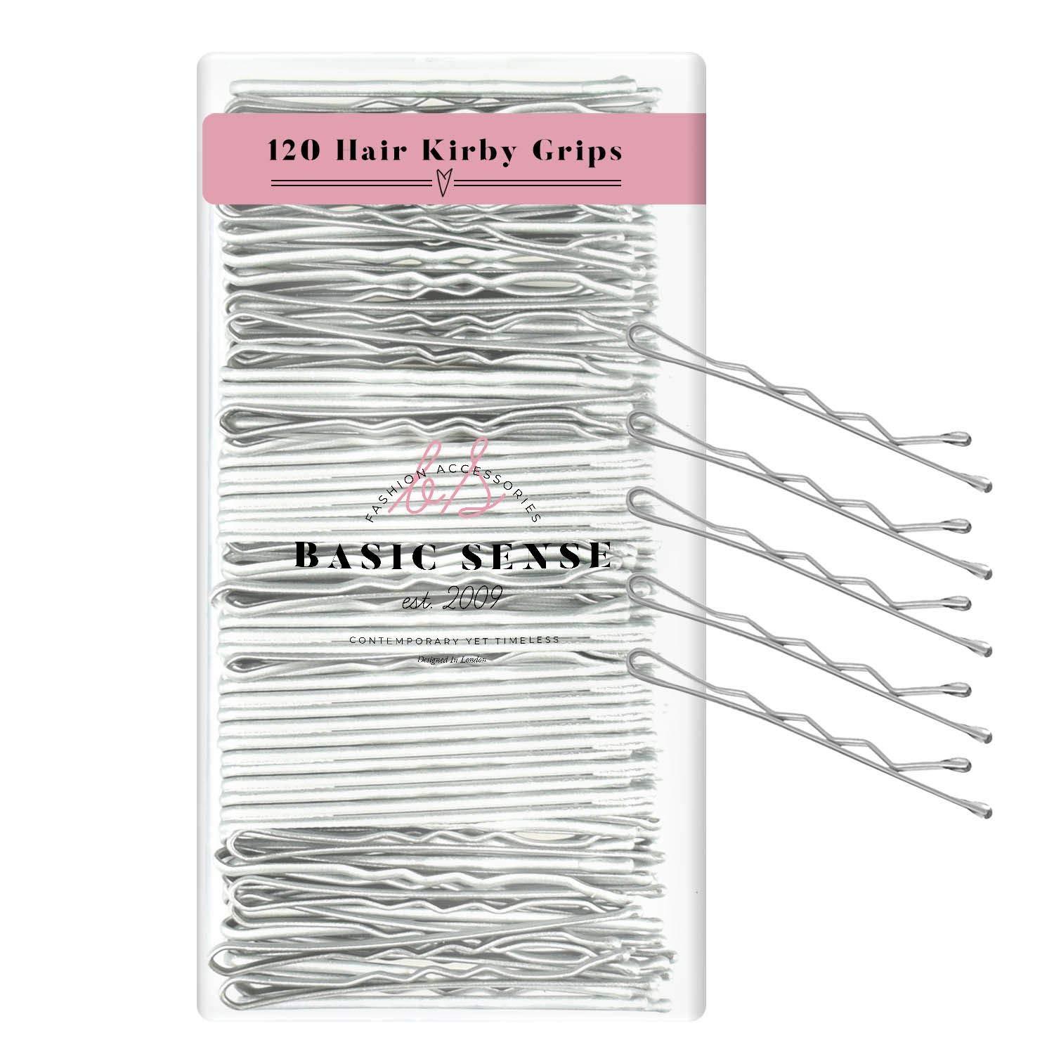 BasicSense 120 PCS Essential Wavy Kirby Metal Bobby Pins Grips Hairpins Plastic Box Package for Storage, 5cm(2 inch), Silver