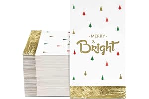 GIFT BOUTIQUE 100 Pack Christmas Guest Napkins Merry & Bright – Holiday Party Paper Napkins with Gold Foil and Christmas Tree Design for Dinner, Cocktail, and Dessert Tables