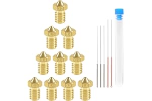 Aokin 10 Pcs Extruder Nozzle 3D Printer Brass Nozzles 0.2/0.3/0.4/0.5/0.6/0.8/1.0mm for E3D V5 V6 and 5 Pcs 0.2/0.3/0.4/0.5/0.6mm Stainless Steel Nozzle Cleaning Needles for 1.75mm Filament 3D Printer