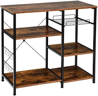 Vintage Kitchen Baker's Rack with 10 Hooks, Microwave Stand