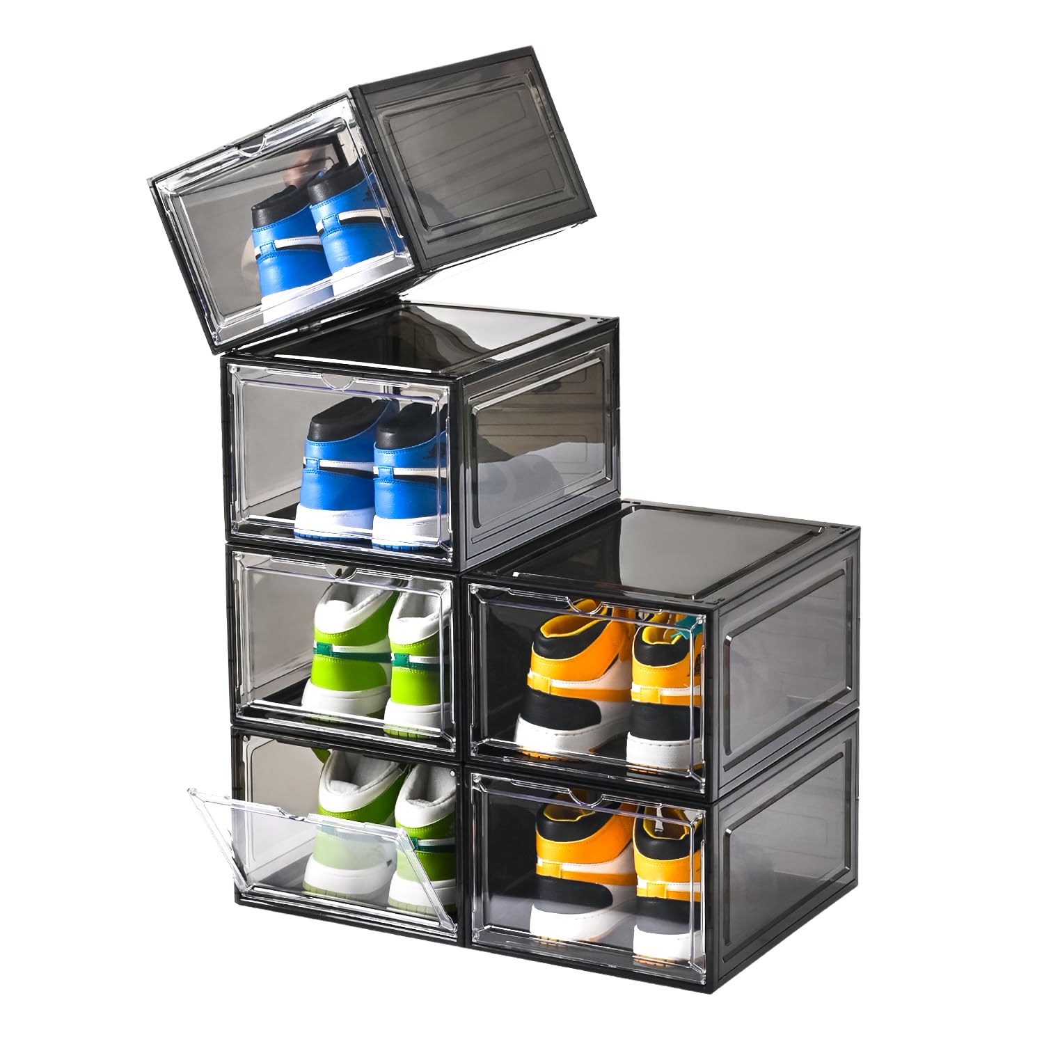 Photo 1 of Large Shoe Boxes Clear Plastic Stackable?Drop Front Shoe Box with Clear Door, Shoe Containers For Sneaker Display,Fit up to US Size12 (black clear, 6 pack)