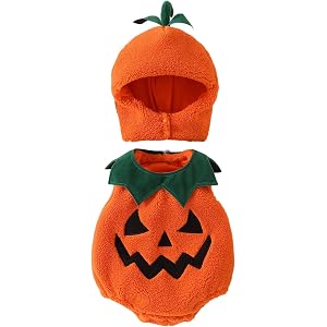 Lamuusaa Newborn Baby Girl boy Halloween Costumes Sleeveless Pumpkin Fleece Romper Overalls Hat Halloween Outfit 0-18M