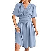 Women’s Flared Short Sleeve Wrap V Neck Casual Midi Dress Pleated Cocktail Wedding Guest Dresses