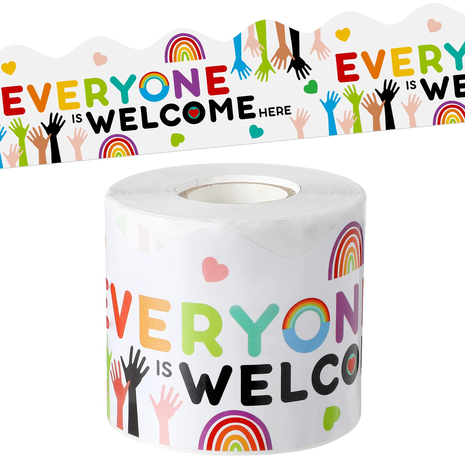 Photo 1 of Seajan 65.62 ft Colorful Classroom Bulletin Board Border Boho Everyone is Welcome Here Rainbow Trim Bulletin Board Scalloped Border Sticker for Classroom Decor(White)