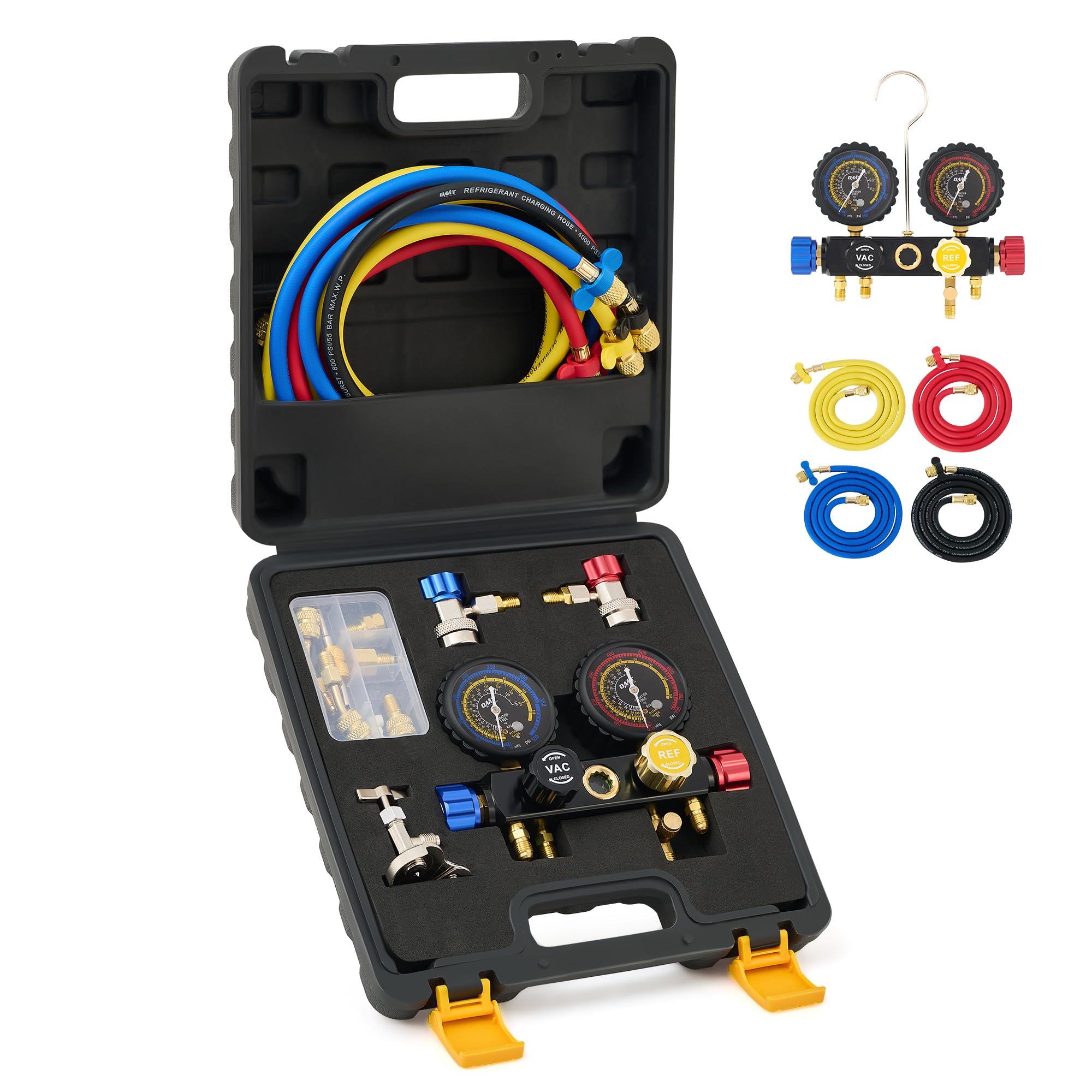 Photo 1 of Orion Motor Tech 4 Way AC Gauge Set for R410a R22 R134a Refrigerant, 4 Valve Automotive AC Manifold with 5ft Hoses, R410a Adapters, Can Tap