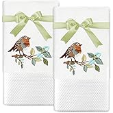 JarThenaAMCS 2Pcs Bird Hand Towels Branch Leaves Bird Embroidered Cotton Bathroom Towels Dish Towels with Ribbons for Drying Cleaning Cooking Gift, 29.5 x 13.7 Inch