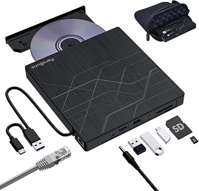 PeroBuno Super External CD/DVD Drive with USB 3.0 Ethernet Hub SD TF Card Reader