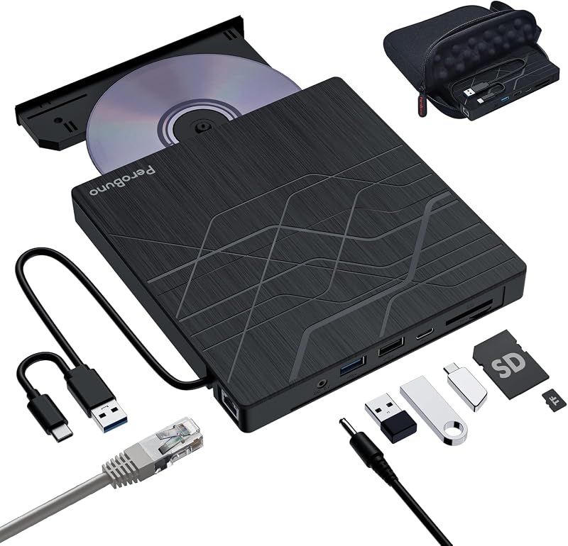 PeroBuno Super External CD/DVD Drive with USB 3.0 Ethernet Hub SD TF Card Reader