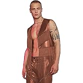 WDIRARA Men's PU Fringe Sleeveless Vest Tassel Faux Leather Open Front Disco Club Jacket Cardigan