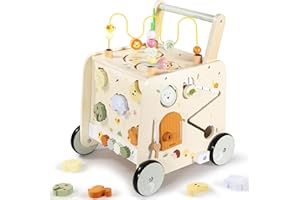 Pithfor Wooden Activity Cube Push Walker, Wooden Baby Walker, Montessori Push Toys for Babies Learning to Walk & Sit-to-Stand