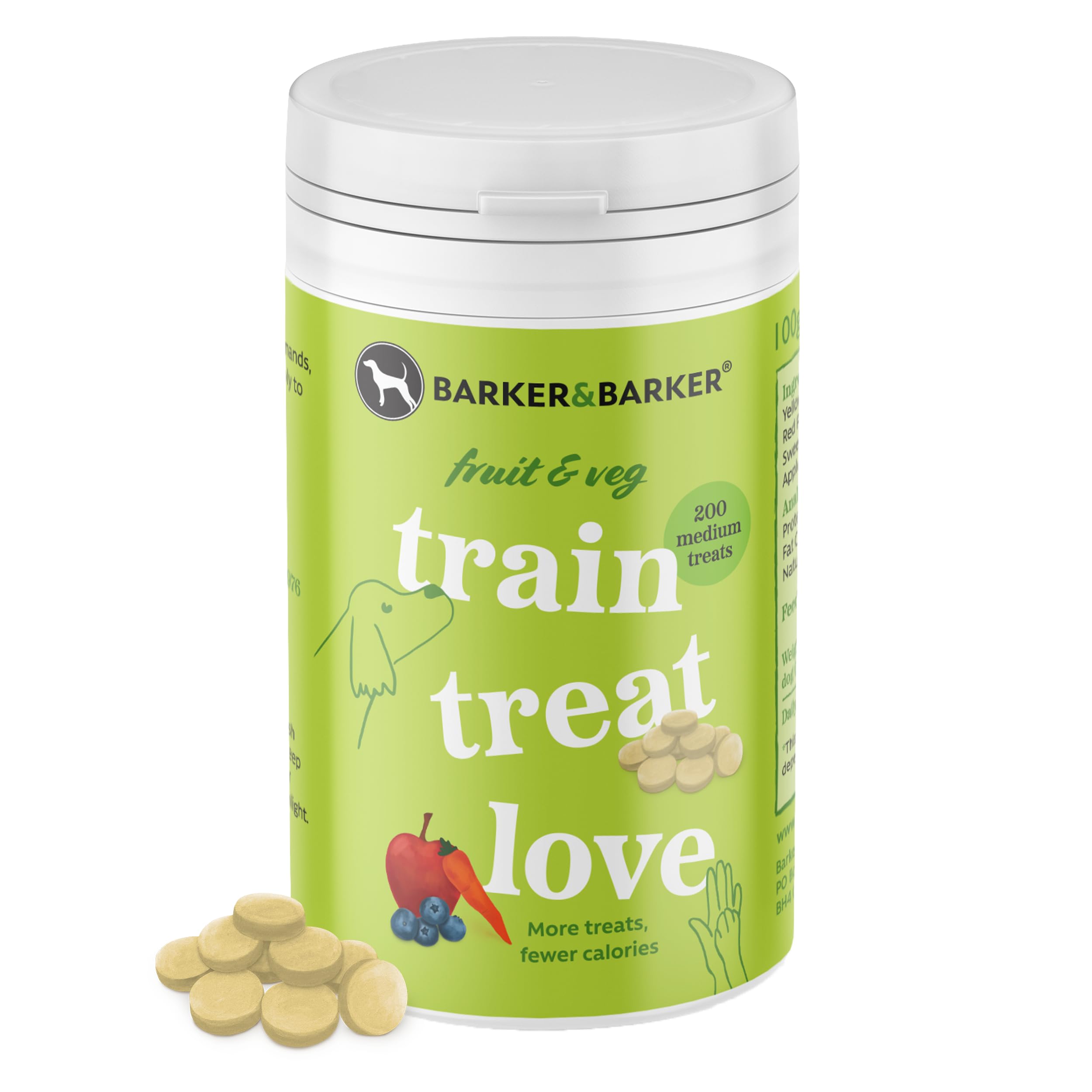 Barker and Barker Grain Free Dog Training Treats (Fruit & Veg) - 200 Medium Tasty & Healthy Treat Pack Low Calorie, High in Fibre & B Vitamins - 100% Human-Grade Ingredients for Small & Medium Dogs