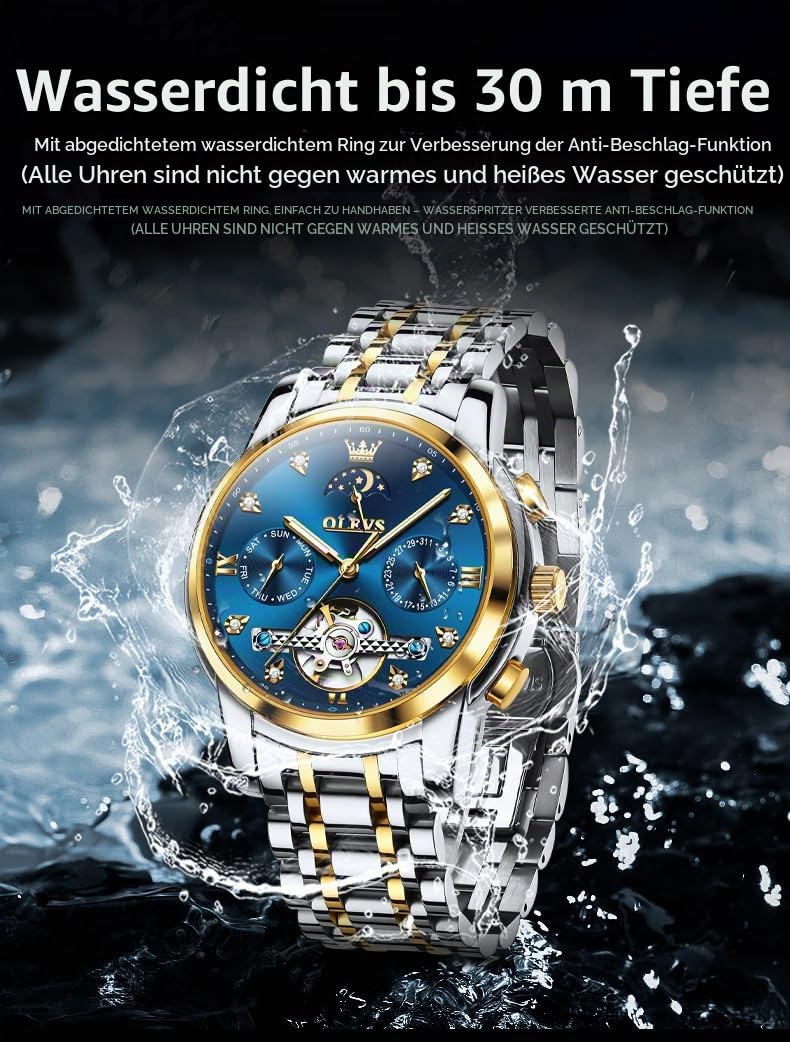 OLEVS Uhr Herren Automatik, Automatik Uhr Herren mit Mondphasenanzeige & Offenem Herzwerk, wasserdichte Herrenuhr Automatik Edelstahl, Uhren Herren für Alltag & Feierlichkeiten 5