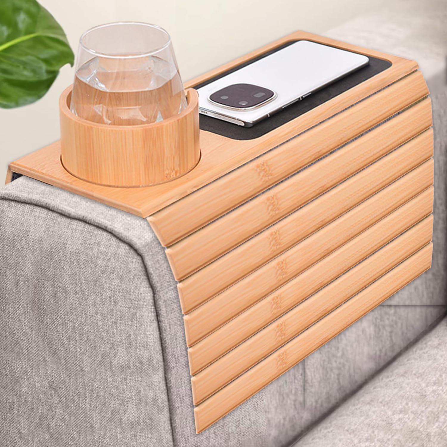 Duscdesp Bamboo Sofa Arm Tray, Anti-Slip Armchair Table, Couch Cup Holder Tray, Foldable, Collapsible, Rectangular, Bamboo A