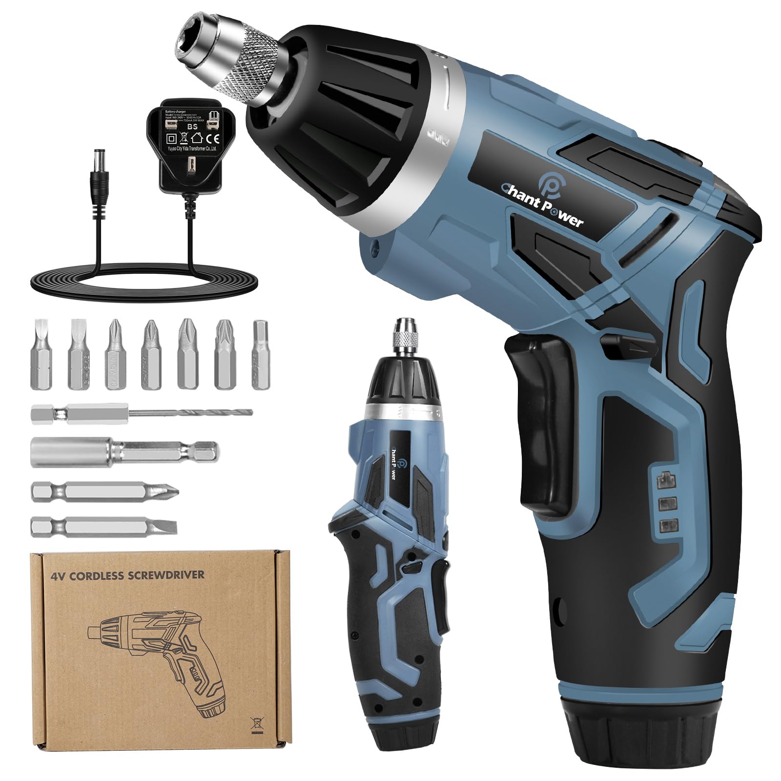 C P CHANTPOWER Cordless Electric Screwdriver Set, 6 +1 Torque Setting Rechargeable 4V Small Screwdriver with 11 Accessories, Flashlight and Charger Blue
