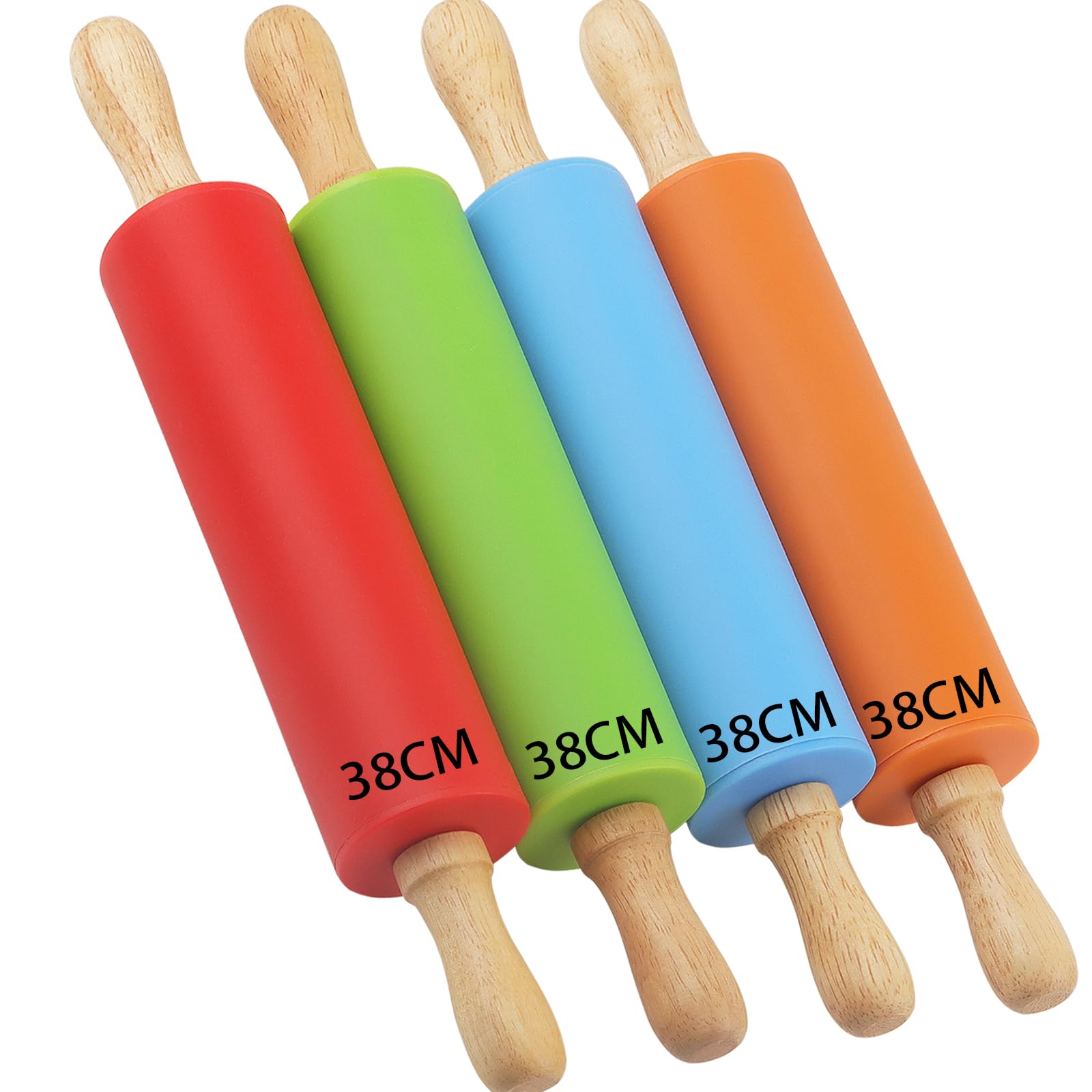 HAKZEON 4 Pack 15 Inch Large Rolling Pins, Silicone Rolling Pin with Wooden Handle, Non-Stick Rolling Pin for Pastry, Dough and Pizza (Orange, Red, Blue, Green)