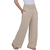 LOFBAZ Women Linen Palazzo Wide Leg Pants Flowy Lounge Casual High Waist Trousers Summer Beach Boho Long Pant with Pockets