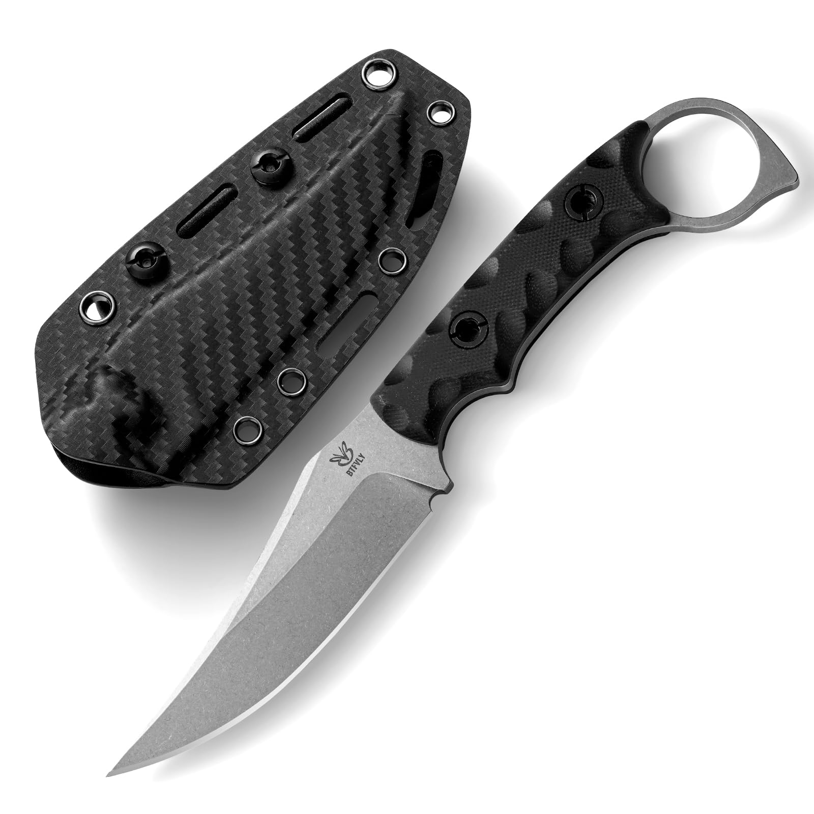 BTFVLY Cuchillo de hoja fija con funda, acero 14C28N, mango G10, dureza Rockwell 59-60, longitud total de 8 pulgadas, táctico para exteriores EDC (negro)