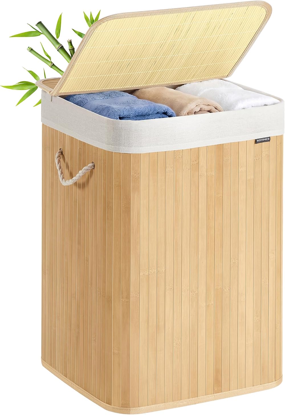 SONGMICS 95 L Laundry Basket with Lid Bamboo Foldable Removable Liner Bag