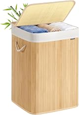 SONGMICS 95 L Laundry Basket with Lid Bamboo Foldable Removable Liner Bag