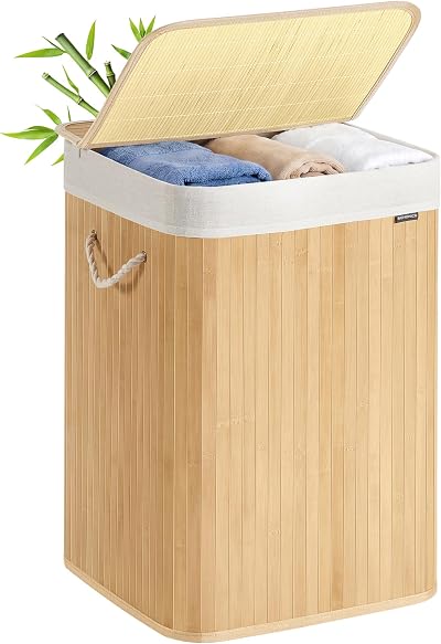 SONGMICS 95 L Laundry Basket with Lid Bamboo Foldable Removable Liner Bag