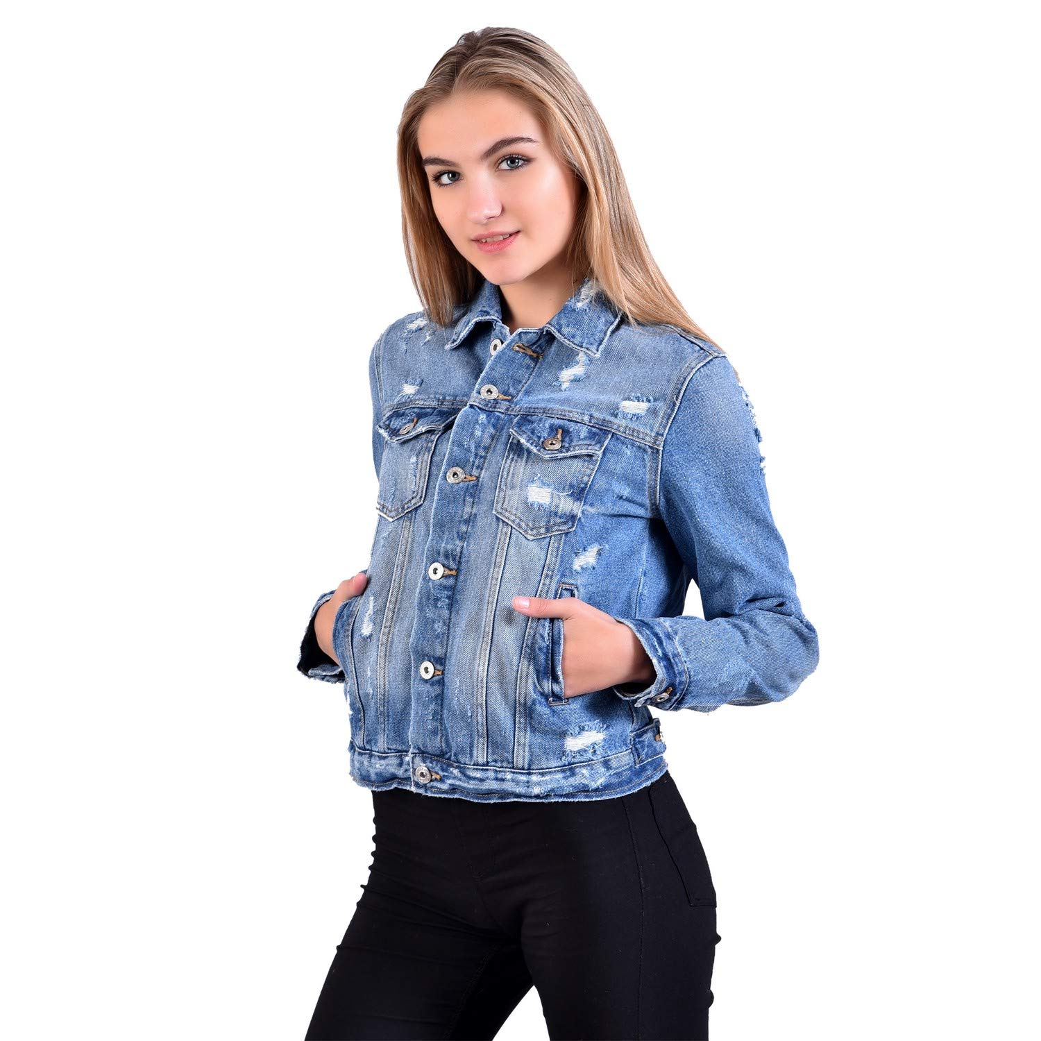 mansicollections blue distressed shredded denim jacket for women