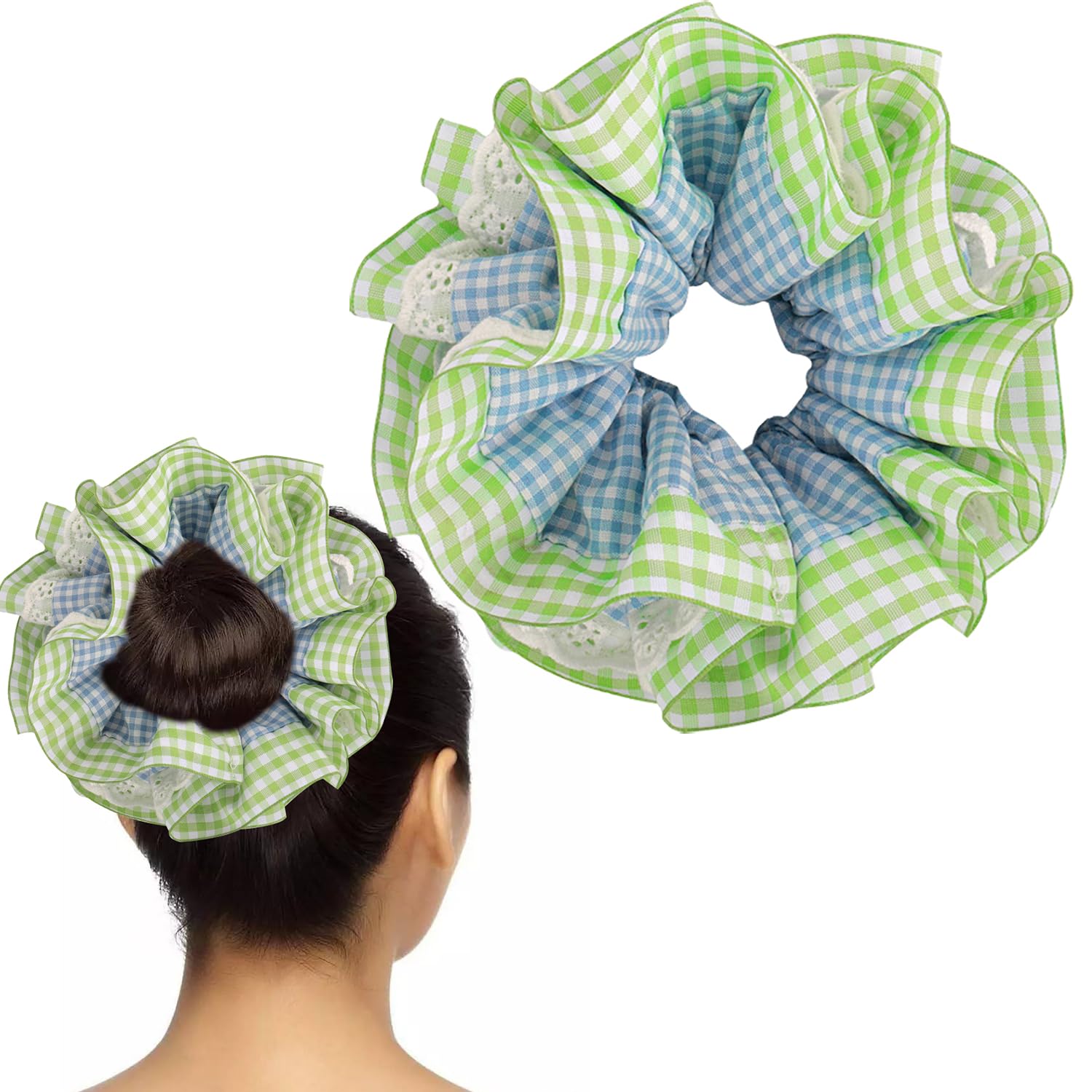1Pcs Oversized Frilly Blue Green Gingham Scrunchies, Lace Elastic Hair Ties Ropes Hair Scrunchies,Ponytail Holder Hair Accessories for Ladies Girls, Thick Hair Bulk Scrunchies Accessories