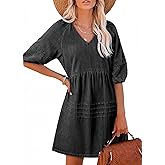 Dokotoo Denim Dress for Women Casual V Neck Puff Short Sleeve Mini Jean Dress Cute Back Tie Summer Dresses