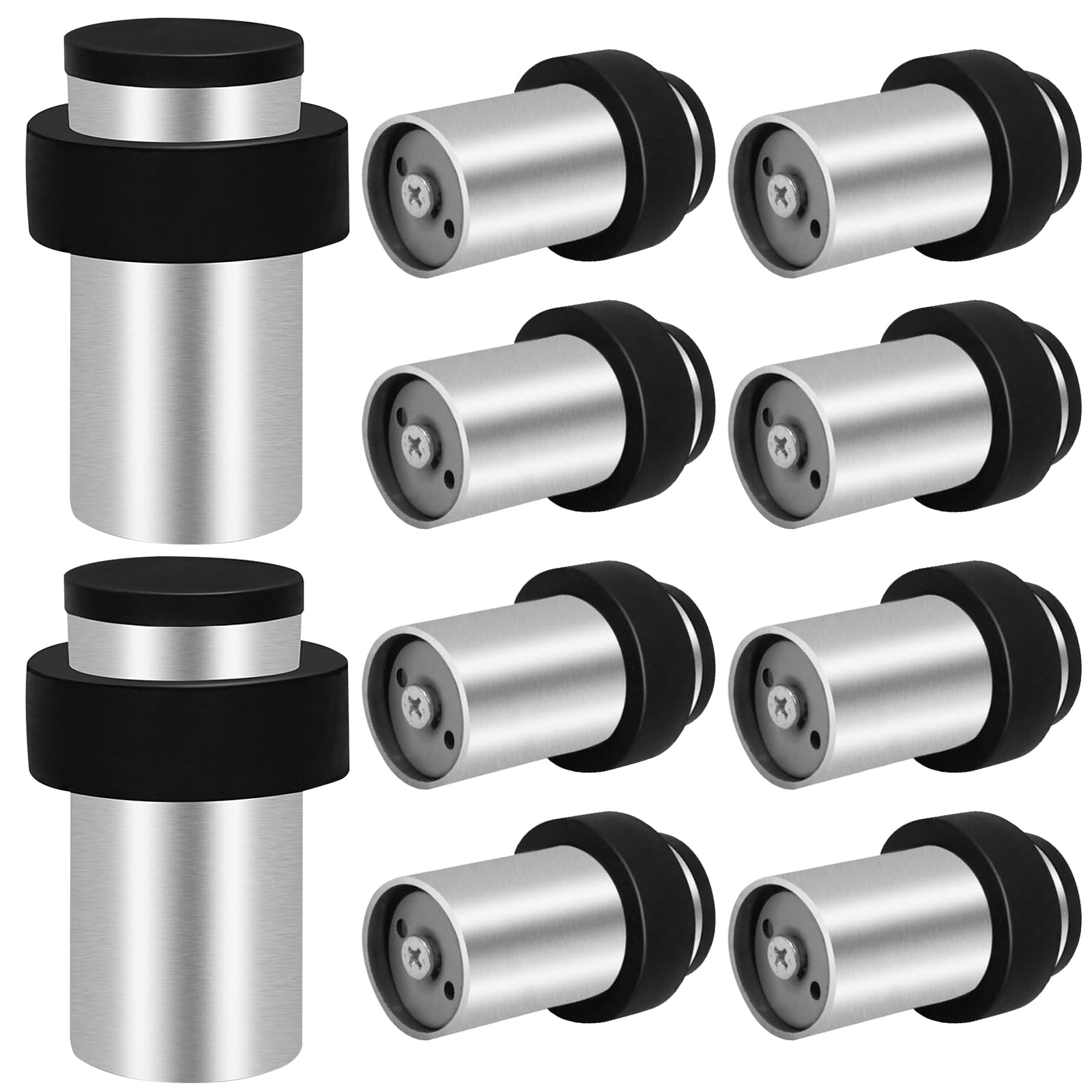 Door Stops, Floor Wall Mounted Door Stopper Silver Stainless Steel Heavy Duty Door Stop Modern Tall Door Stoppers for Skirting, Outdoor Doorstop with Sound Dampening Rubber Tip & Ring, 64mm, 10 Pack