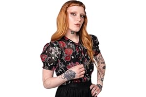 Hell Bunny Blooming Elle Blouse Floral Tie Neck Chiffon Retro Puff Sleeve Top