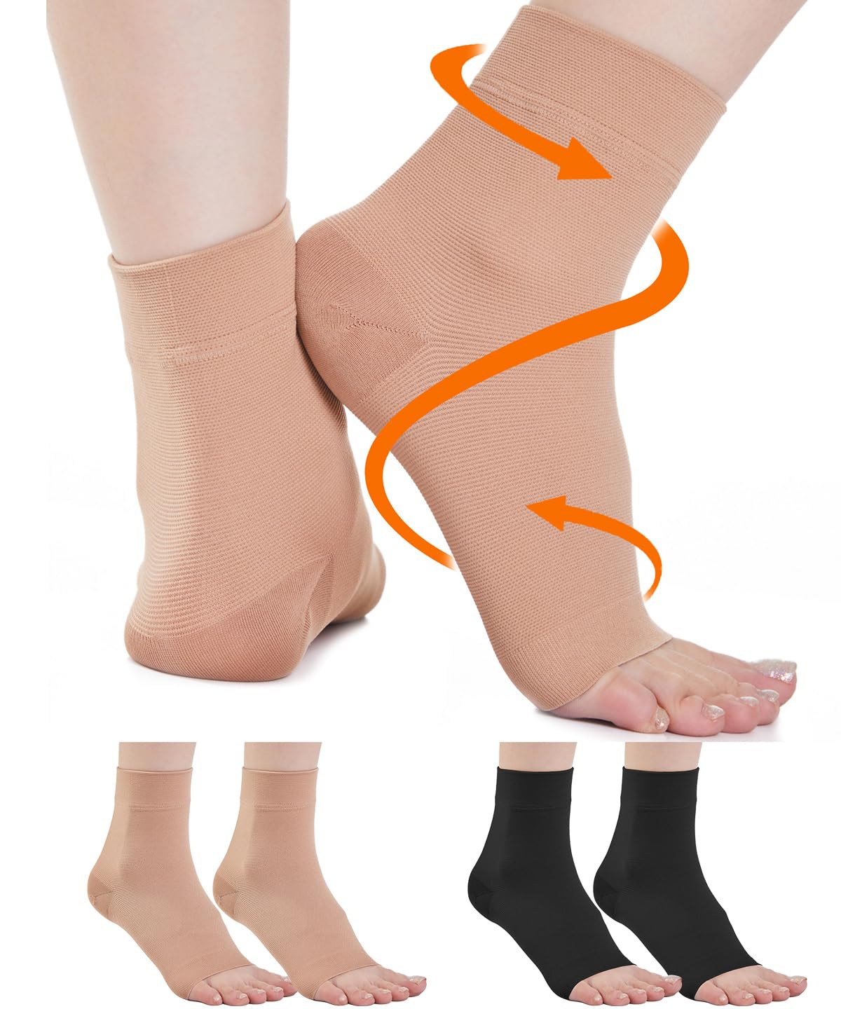 2 Pairs Plantar Fasciitis Compression Socks for Women & Men 20-30 mmHg, Ankle Support for Ligament Damage, Functional Socks for Neuropathy (Black+Beige, 4XL)