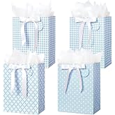 Crisky Blue Gift Bags Medium Size with Handles, Tissue Paper &amp; Ribbon - 4 Pack 9"- Medium Gift Bags for Women Birthday Christmas Wedding Bridal Shower Graduation &amp; New Year Gifts