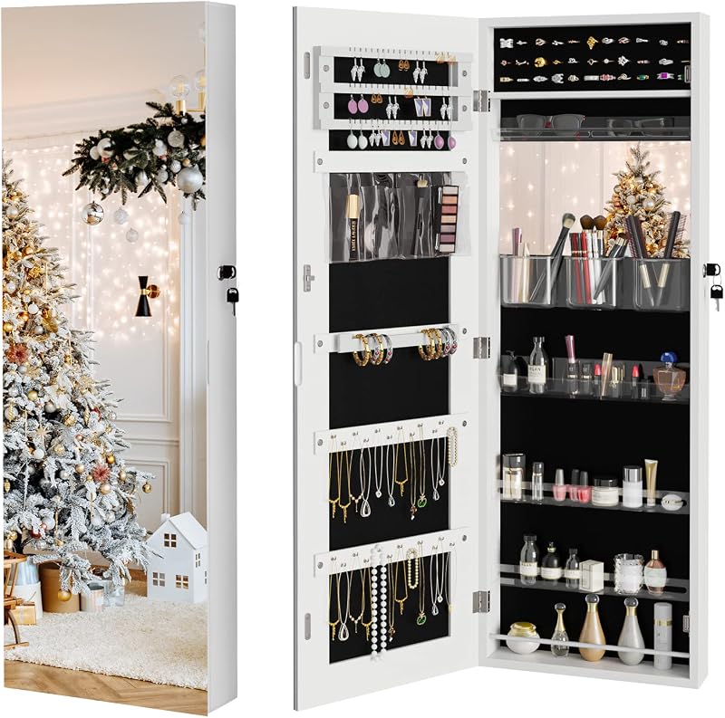 Dripex White Jewelry Organiser Mirror Wardrobe Wall Mounted Door Hanging