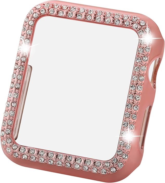 Greaciary Sparkle Compatible with Apple Watch 40mm,Compatible with iWatch Face Bling Crystal Diamond Plate Cover Protective Frame for Apple Watch 5/4 Women( Double Rhinestone-Rose Pink, 40mm)