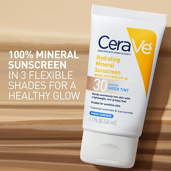 CERAVE HYDRATING MINERAL SUNSCREEN SPF 30 WITH SHEER TINT, TINTED MINERAL SUNSCREEN WITH ZINC OXIDE & TITANIUM DIOXIDE, BLENDS SEAMLESSLY FOR HEALTHY GLOW, DEEP, 1.7 OZ