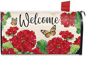 Auirre Spring Summer Welcome Mailbox Cover Magnetic Standard 21" x 18", Geranium Flower Butterfly Decorative Checkerboard Post Letter Box Wrap Farmhouse Rustic Decor for Garden Yard