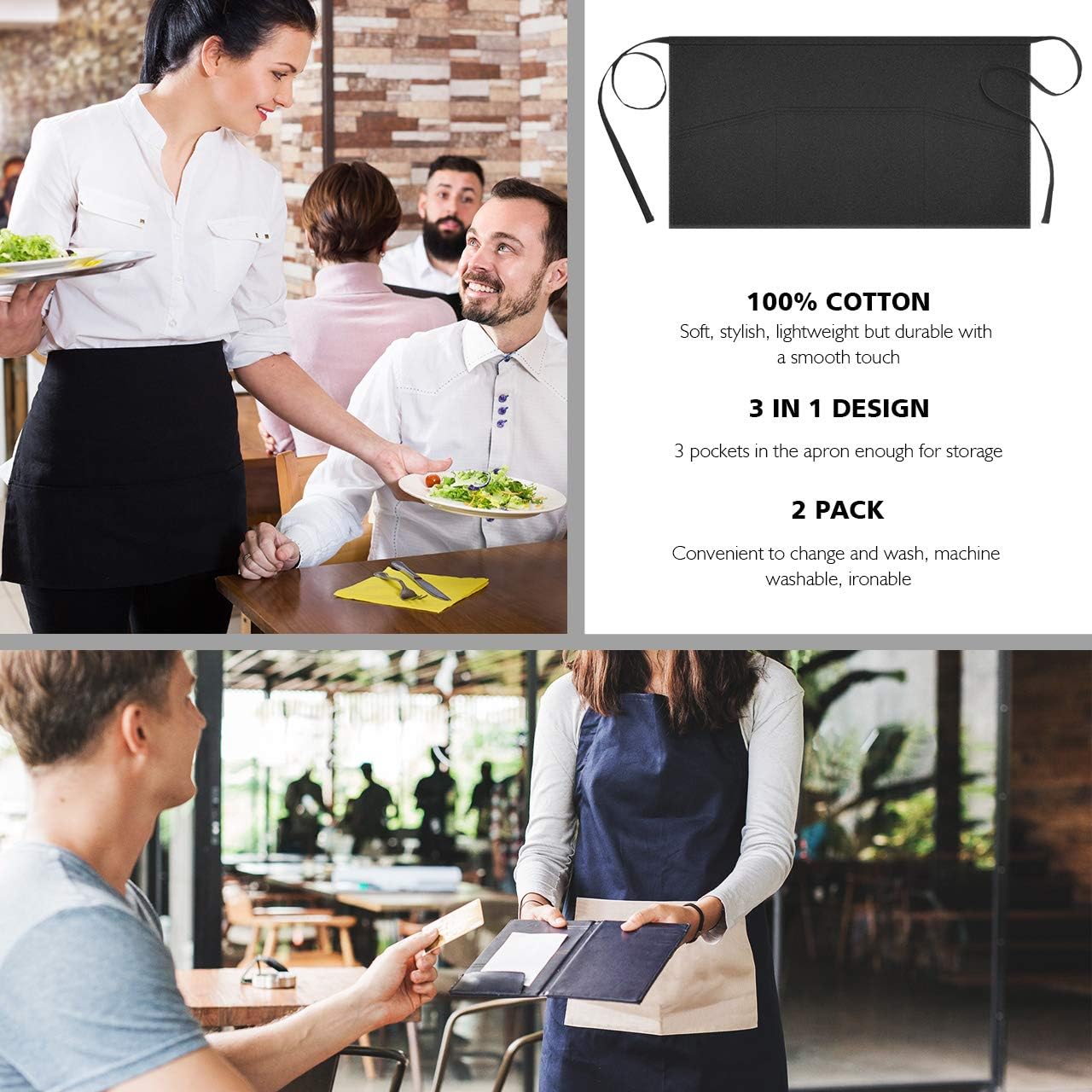 Syntus 2 Apron & 2 Waiter Book Sets – Server Book for Waitress Waiter Organizer with Guest Check Book Holder Money Pocket, 100% Cotton Waitress Waist Apron Set Perfect for Restaurant Waitstaff: Clothing