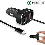 SSA Car charger Quick Charge 3.0 Dual USB Adapter with Integrated Built-in Type-C 3.1 Cord for Macbook 12 inch, Google Pixel/ Pixel XL Galaxy S8/ S8 Plus More