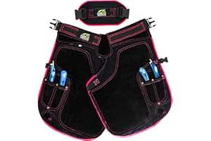 Equine Care Women’s Farrier Apron Chaps 23″ – Leather & Canvas, Adjustable 28–52″ Waist, EVA Padded Knees, Lumbar Support, 4 Knife Pockets & Nail Magnets for Hoof Trimming (Black with Pink Piping)